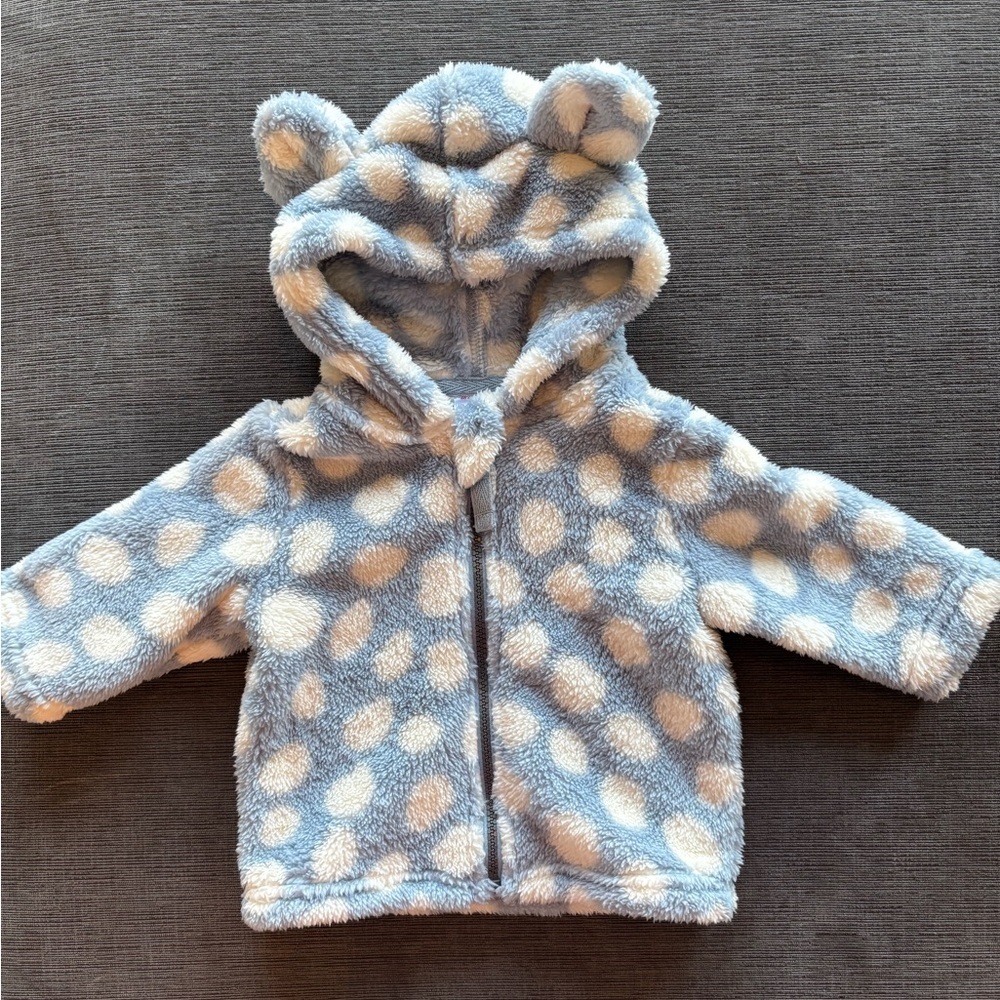 Hanna Andersson Plush Hooded Baby Jacket bear ears Blue & Cream polka dot 3-6 m